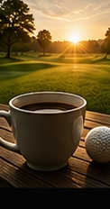 Golfplatz im Morgenlicht mit Kaffee